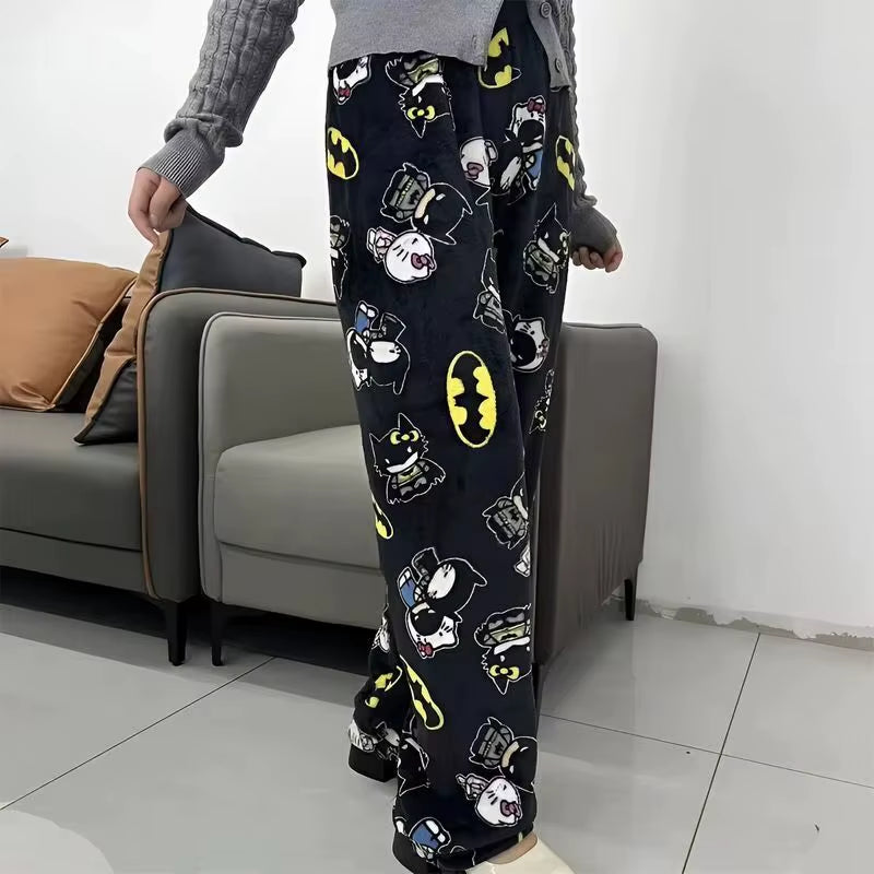 New Kawaii Y2K Autumn Hello Kitty Batman Pajama Pants Cartoon Hip Hop Ladies Warm Casual Flannel Cute Pants Plush Style Clothing