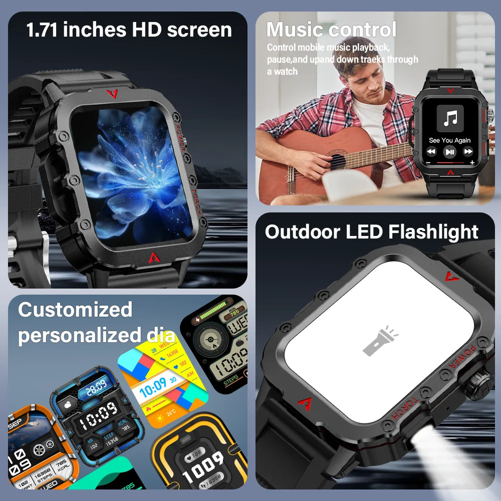 Men's Smart Outdoor Sports Watch with LED Flashlight & Health Monitoring