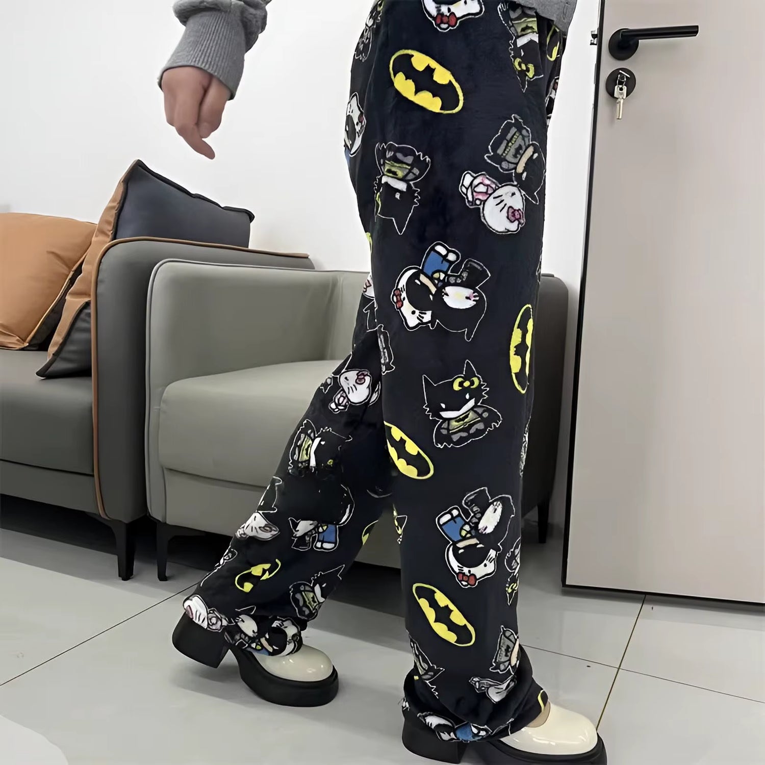 Sanrio Y2K Autumn Hellokitty Batman Pajama Pants Cartoon Hip Hop Ladies Warm Casual Plush Flannel Cute Pants Clothing Xmas Gift