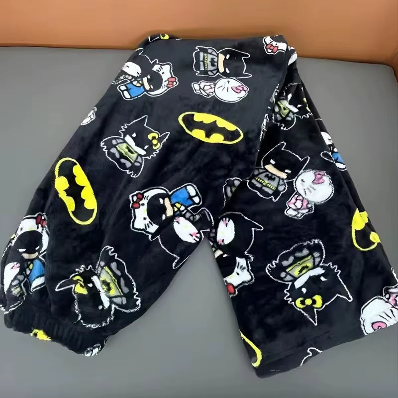 New Kawaii Y2K Autumn Hello Kitty Batman Pajama Pants Cartoon Hip Hop Ladies Warm Casual Flannel Cute Pants Plush Style Clothing