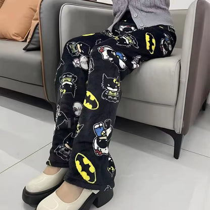 New Kawaii Y2K Autumn Hello Kitty Batman Pajama Pants Cartoon Hip Hop Ladies Warm Casual Flannel Cute Pants Plush Style Clothing