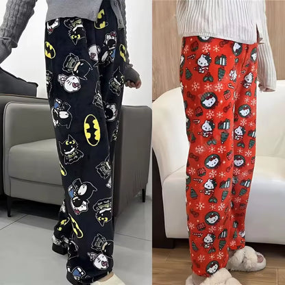 New Kawaii Y2K Autumn Hello Kitty Batman Pajama Pants Cartoon Hip Hop Ladies Warm Casual Flannel Cute Pants Plush Style Clothing