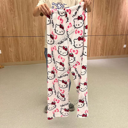 New Kawaii Y2K Autumn Hello Kitty Batman Pajama Pants Cartoon Hip Hop Ladies Warm Casual Flannel Cute Pants Plush Style Clothing