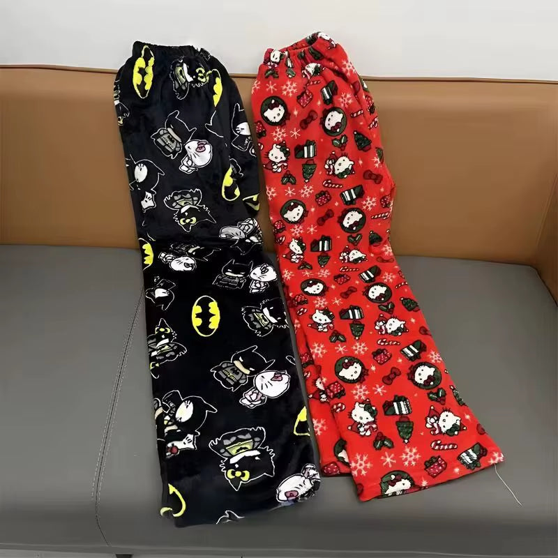 New Kawaii Y2K Autumn Hello Kitty Batman Pajama Pants Cartoon Hip Hop Ladies Warm Casual Flannel Cute Pants Plush Style Clothing