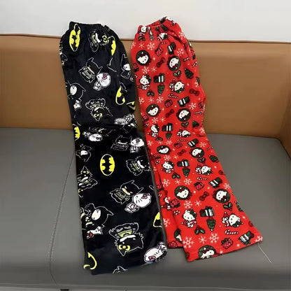 New Kawaii Y2K Autumn Hello Kitty Batman Pajama Pants Cartoon Hip Hop Ladies Warm Casual Flannel Cute Pants Plush Style Clothing